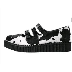 TUK platform creepers Black & White Cow‎ Print 3-Strap Pointed Mary Jane sz 9